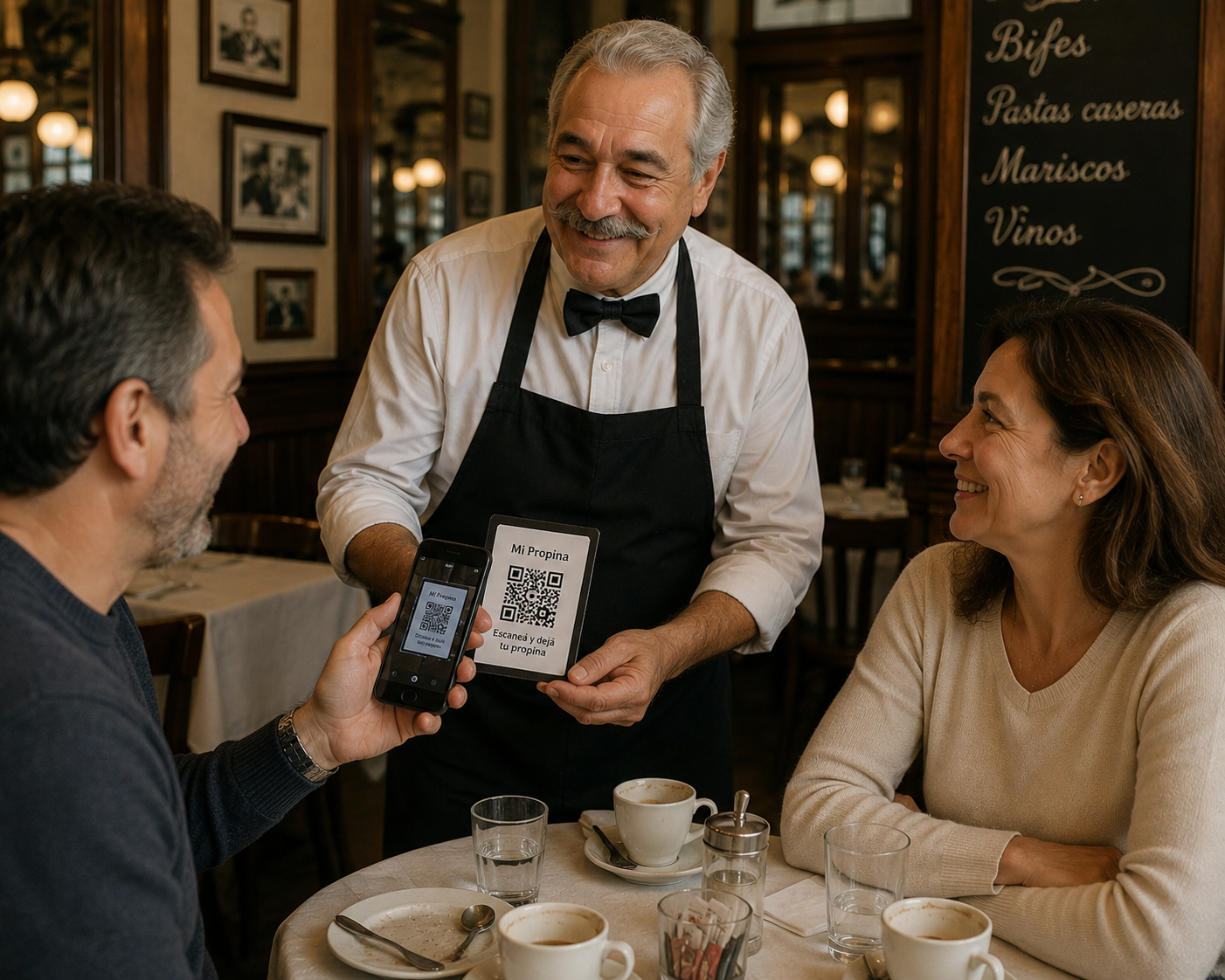Trabajador recibiendo el agradecimiento de sus clientes mediante su QR personal